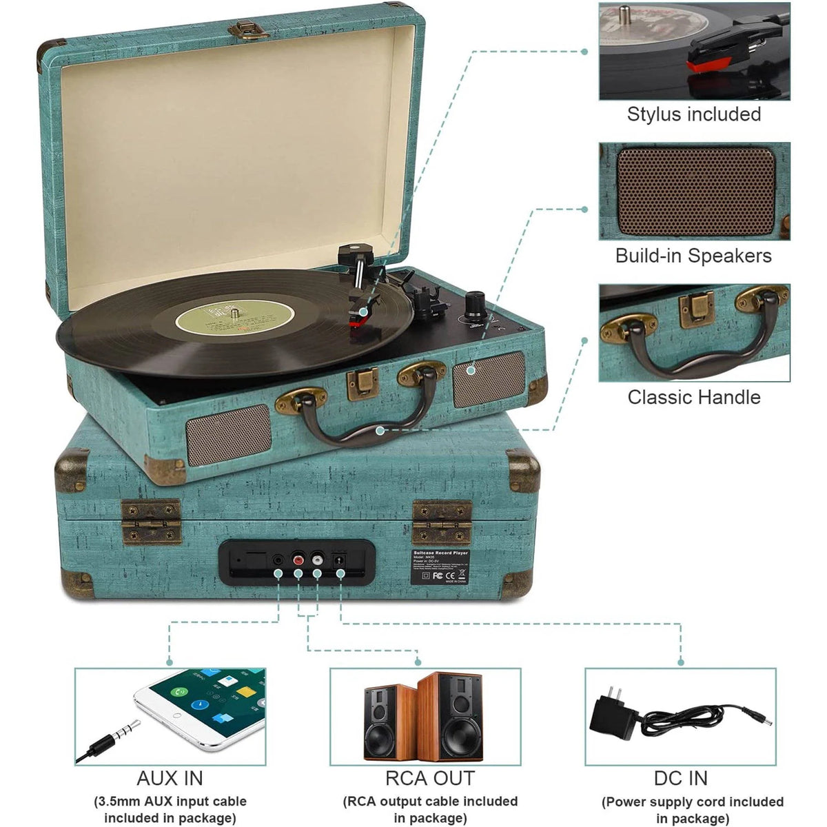 Record Player Bluetooth & Built-In Stereo Speakers 3-Speed