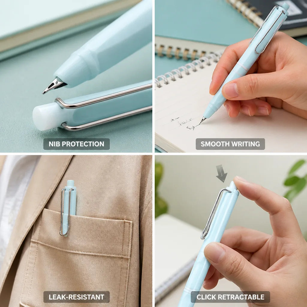 Retractable Fountain Pen Click Mechanism Premium Metal Nib Leak-Resistant