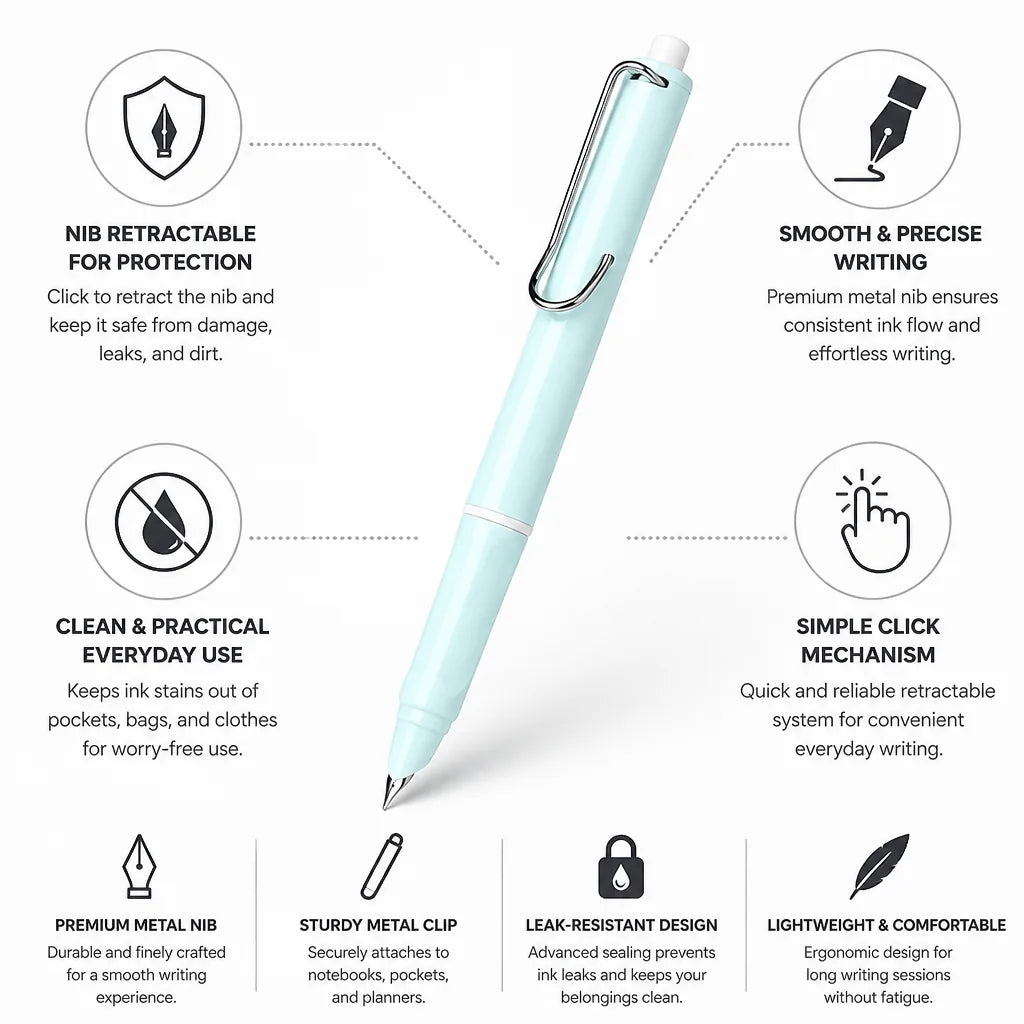 Retractable Fountain Pen Click Mechanism Premium Metal Nib Leak-Resistant