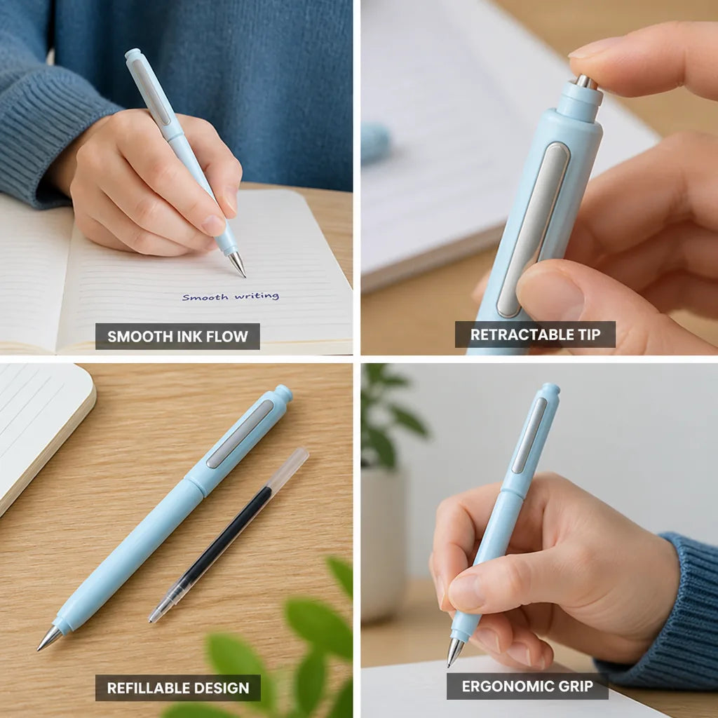 Retractable Pen Smooth Ink Flow Refillable Ergonomic Grip