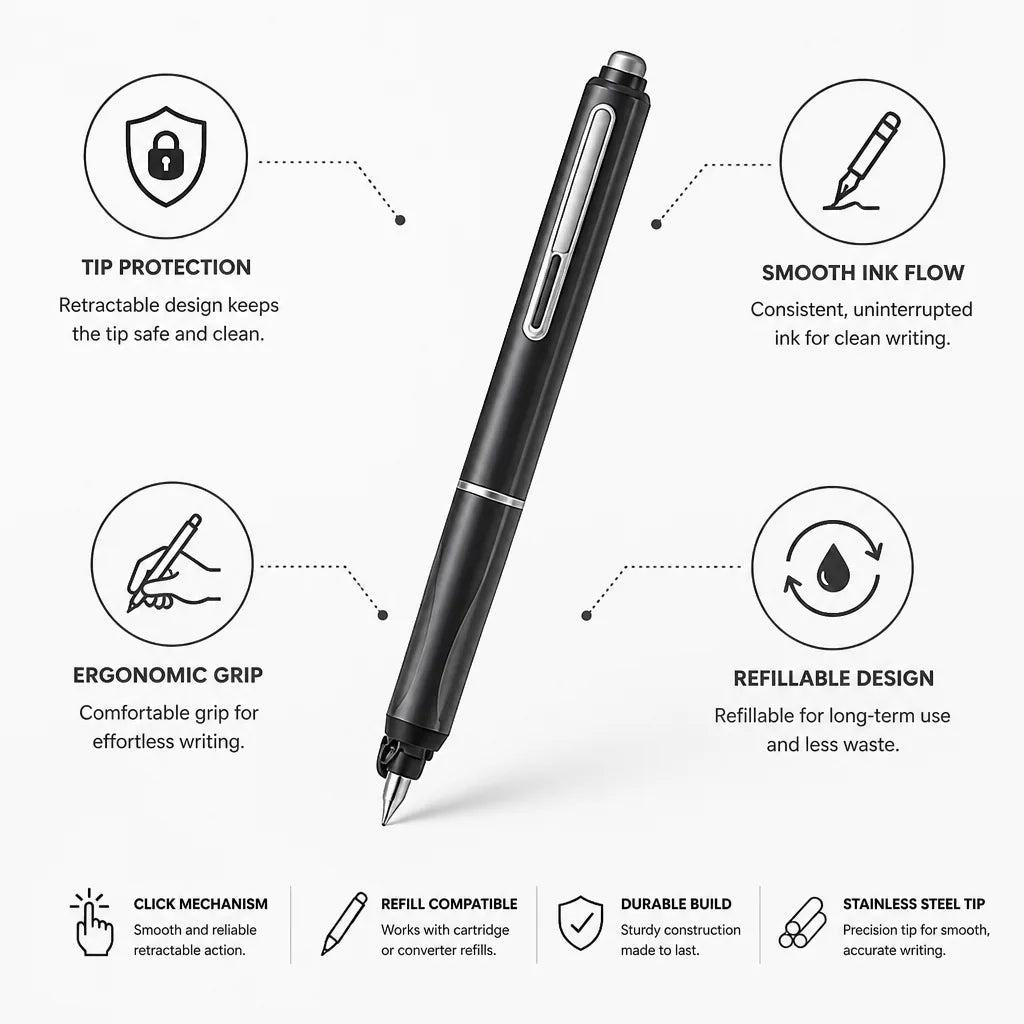 Retractable Pen Smooth Ink Flow Refillable Ergonomic Grip