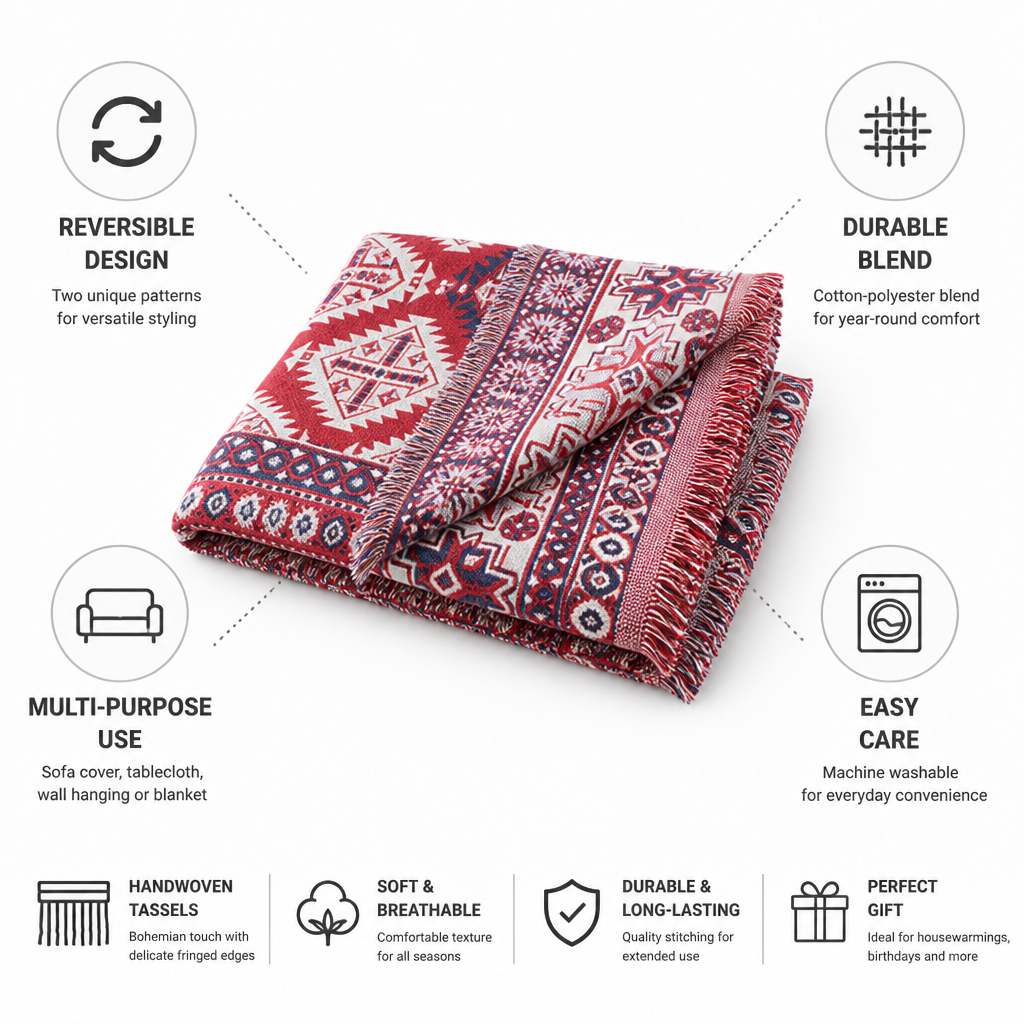 Reversible Bohemian Cotton-Blend Throw with Tassels