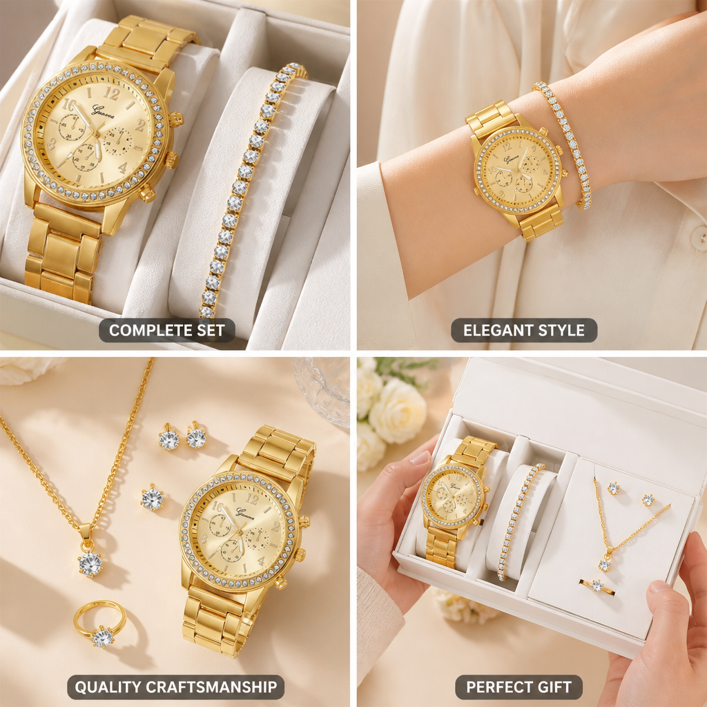 Rhinestone-Adorned Quartz Watch & Jewelry Set (6-Piece)