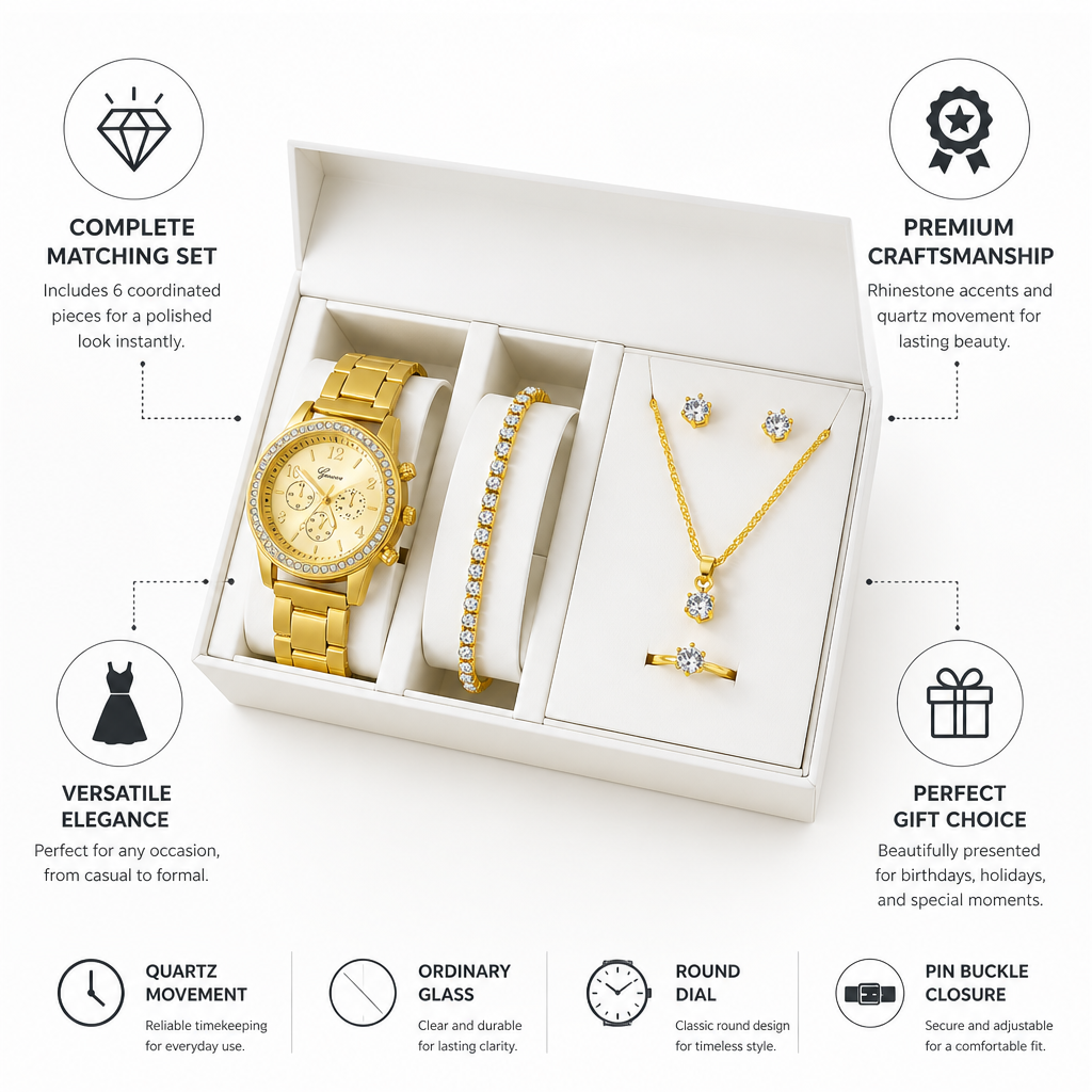 Rhinestone-Adorned Quartz Watch & Jewelry Set (6-Piece)