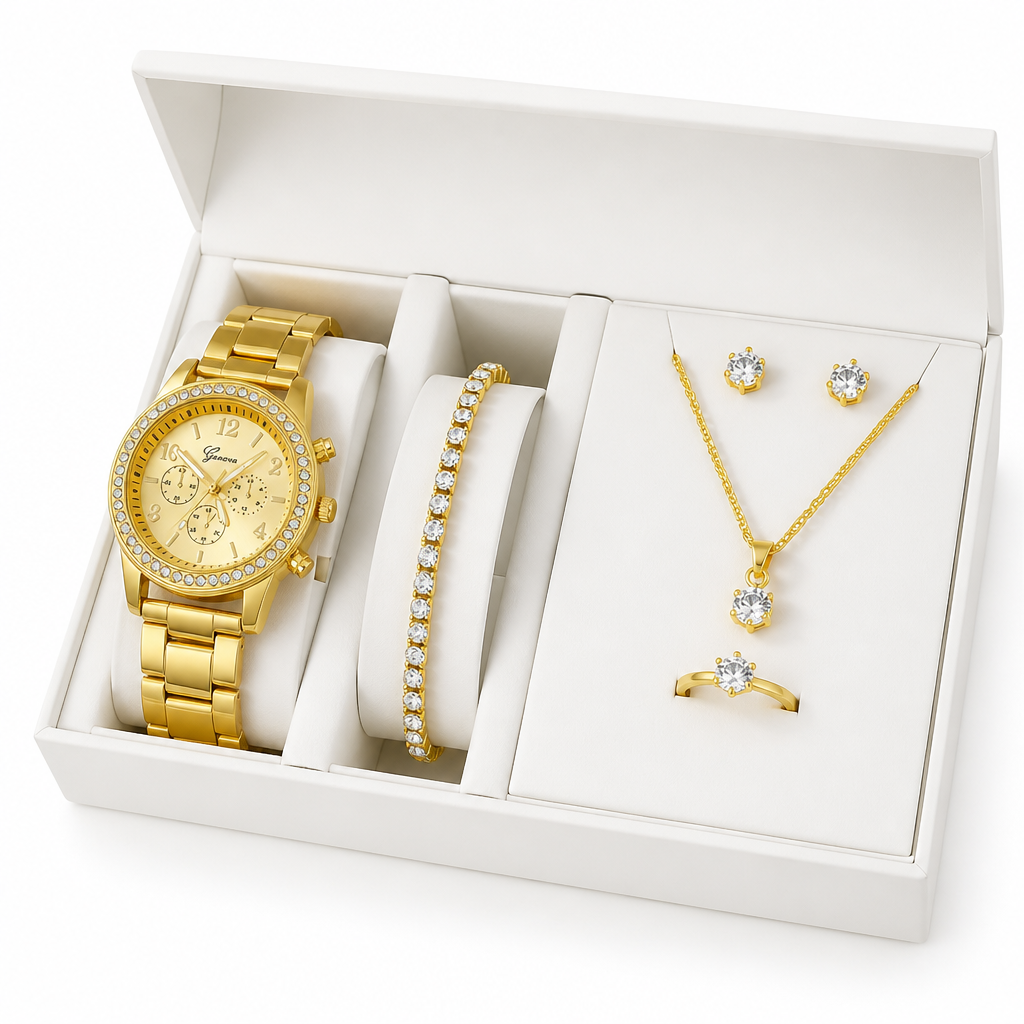 Rhinestone-Adorned Quartz Watch & Jewelry Set (6-Piece)