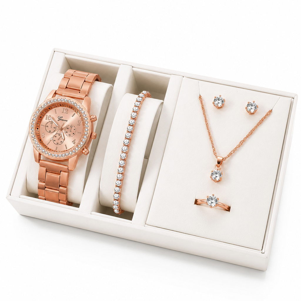 Rhinestone-Adorned Quartz Watch & Jewelry Set (6-Piece)