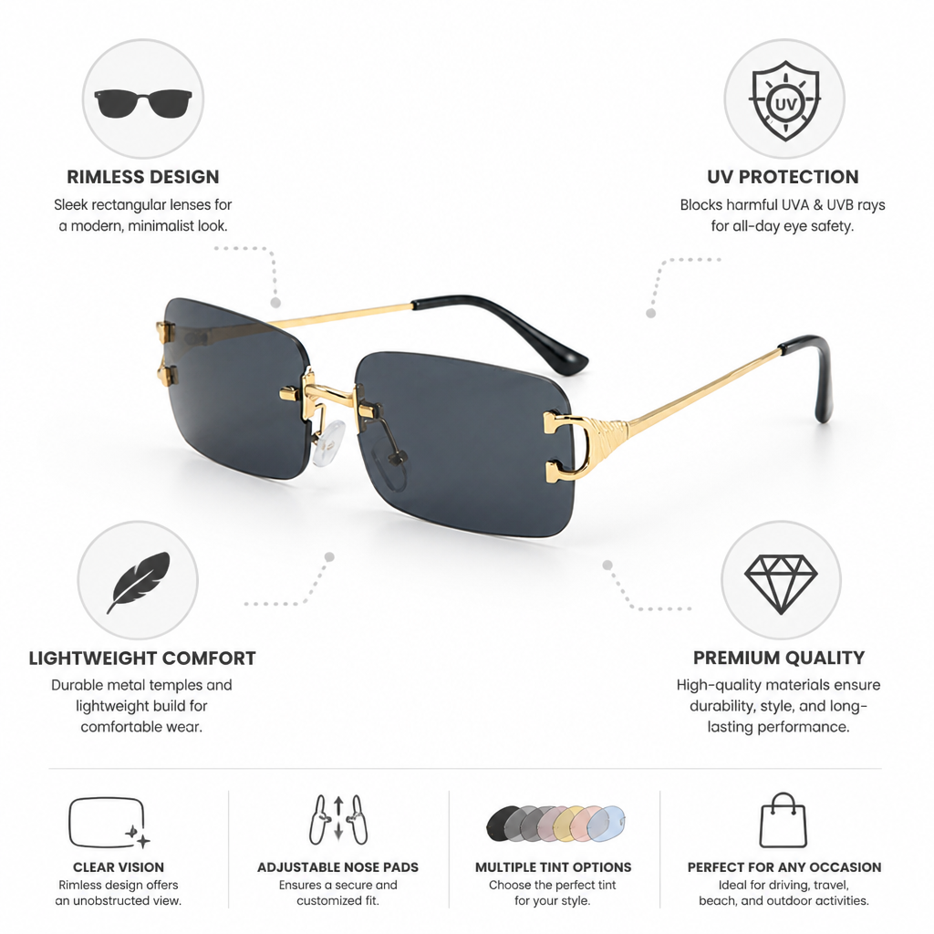 Rimless Rectangular UV-Blocking Sunglasses