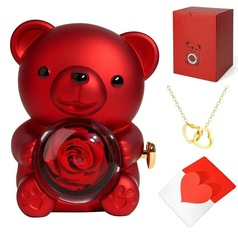 Ring & Necklace Set Rose Bear Charm Rhinestone Pendant
