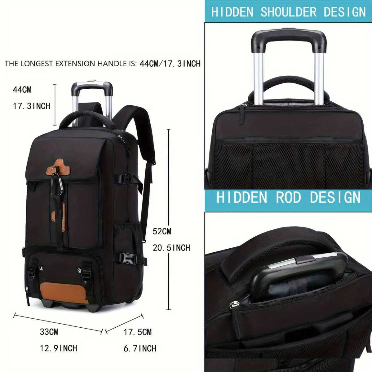 Rolling Backpack Convertible Wheeled & Shoulder Carry 30L Multiple Compartments