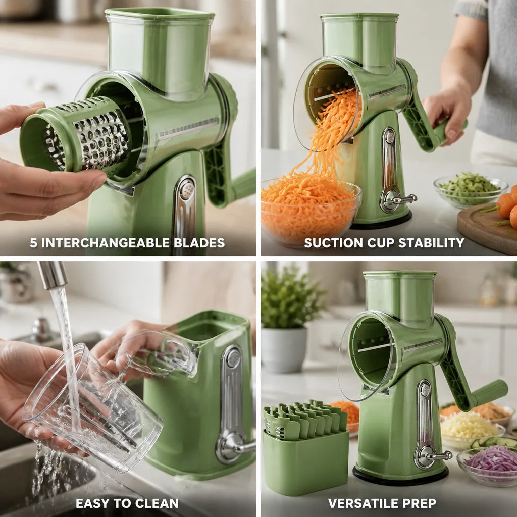 Rotary Grater 5 Interchangeable Stainless Steel Blades Suction Cup
