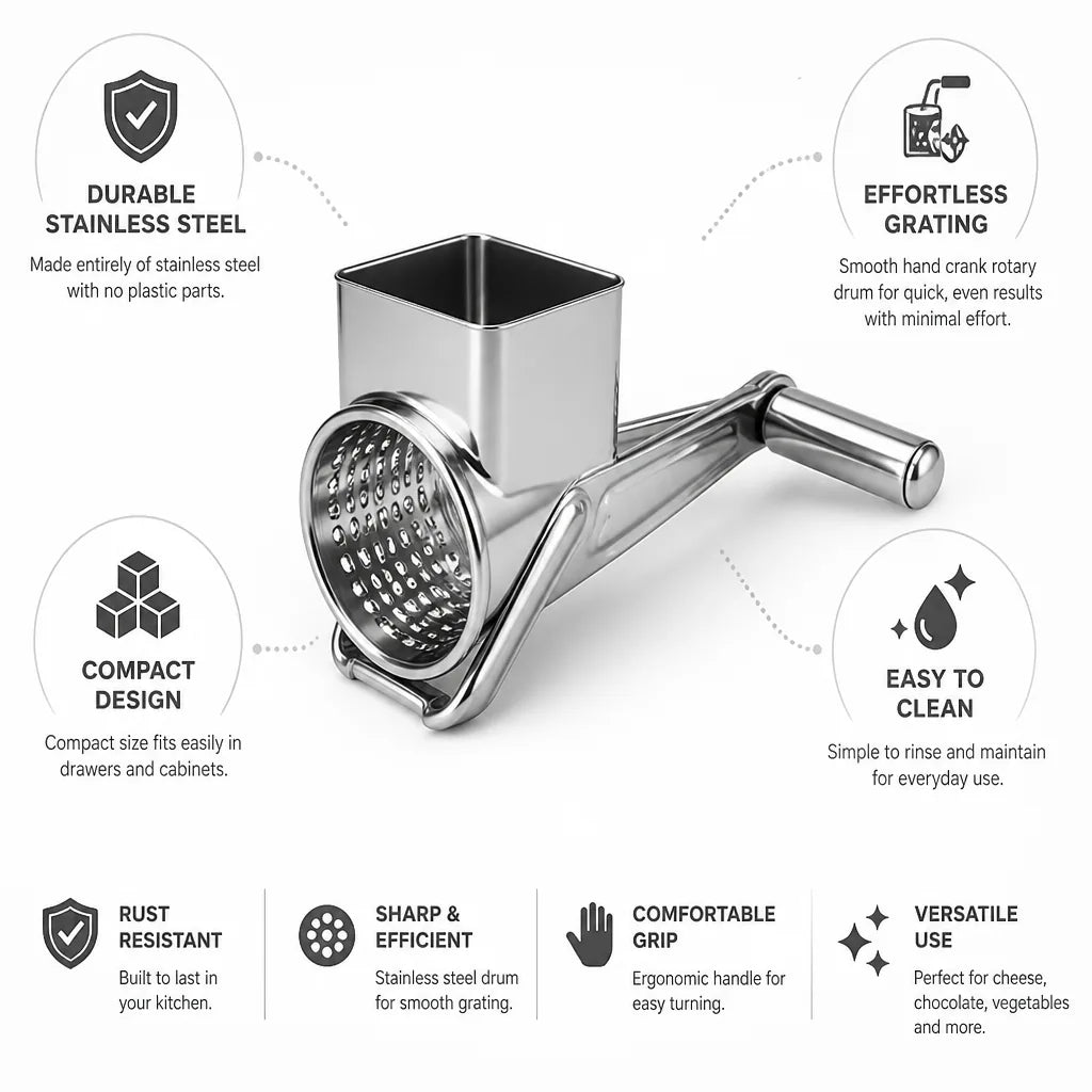 Rotary Grater Stainless Steel Hand Crank Compact