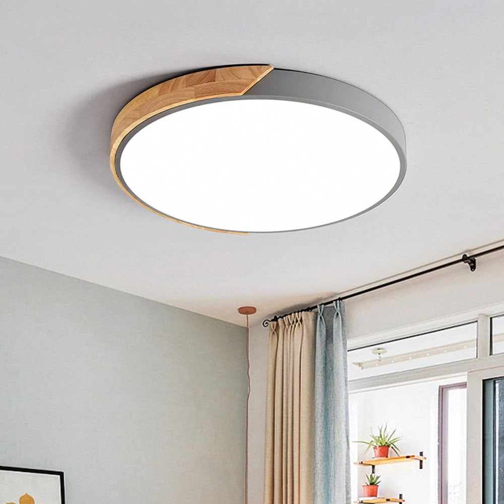 Round Ceiling Light Wood Decor Dimmable Remote