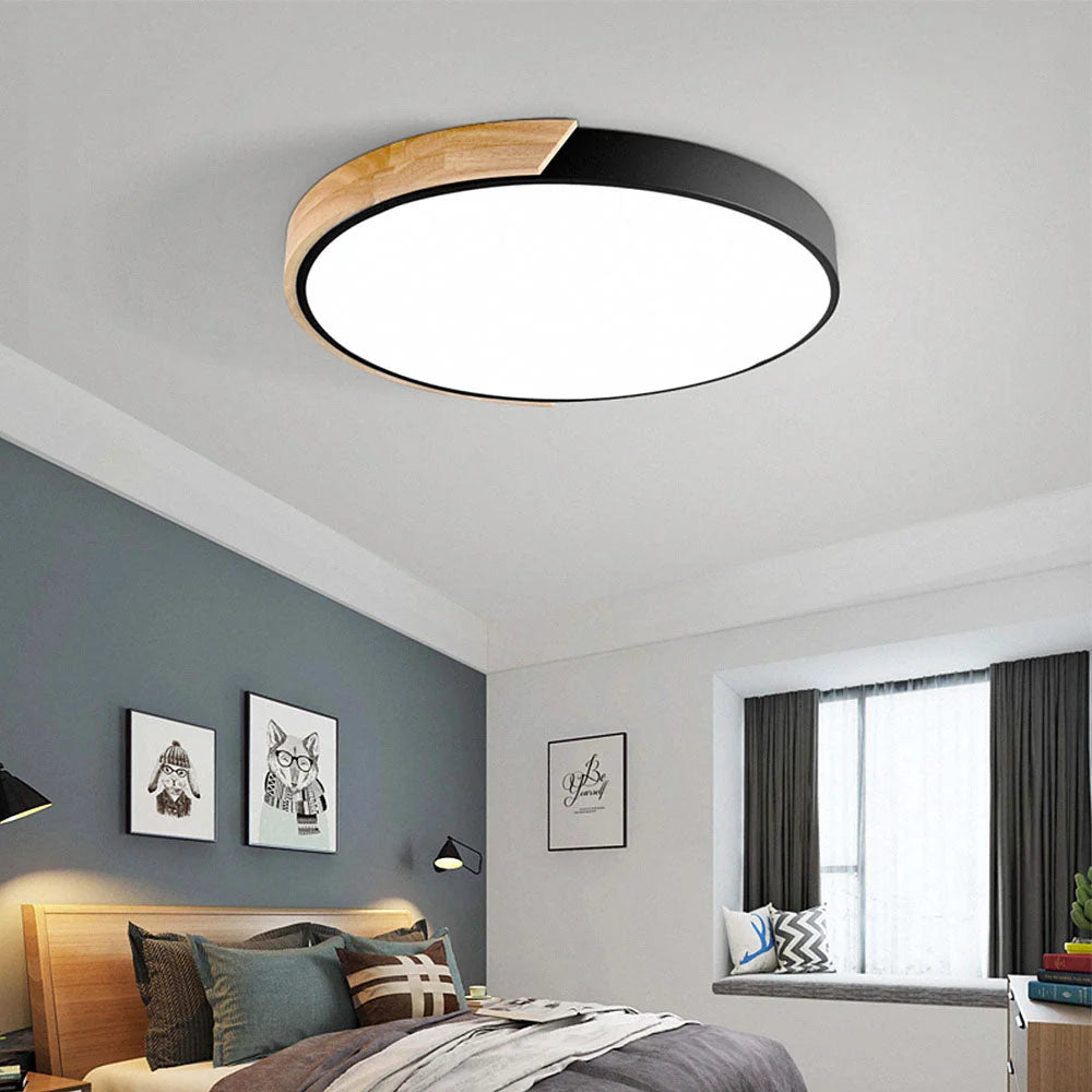 Round Ceiling Light Wood Decor Dimmable Remote