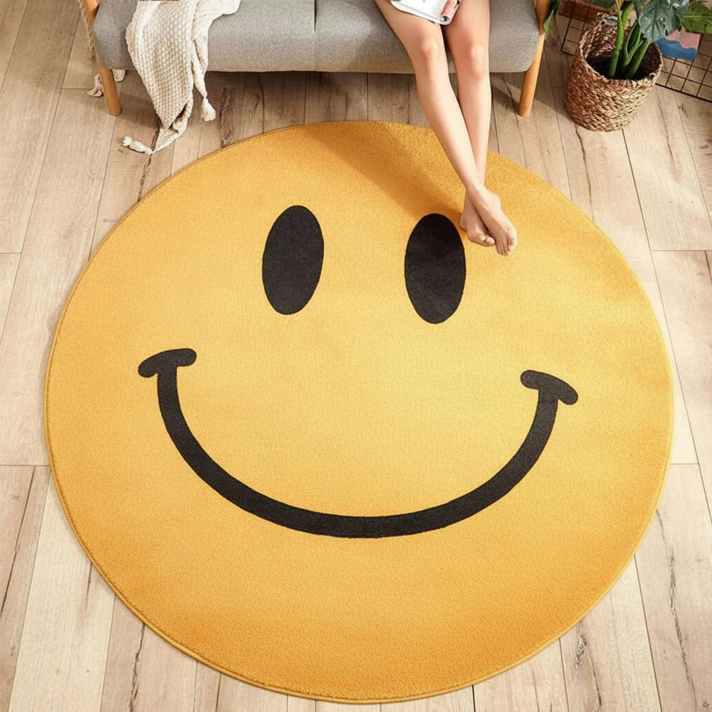 Round Rug Yellow Smiley Fleece Machine Washable