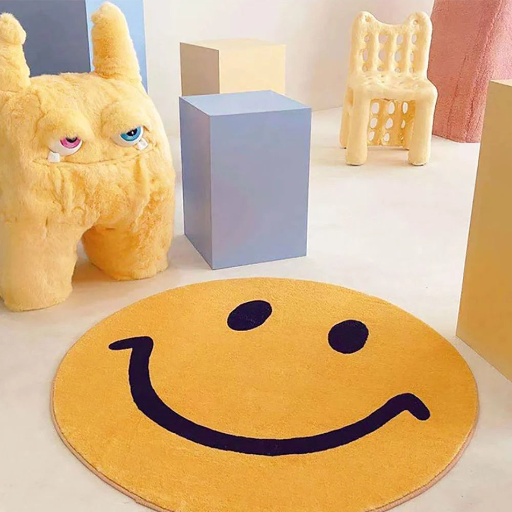 Round Rug Yellow Smiley Fleece Machine Washable
