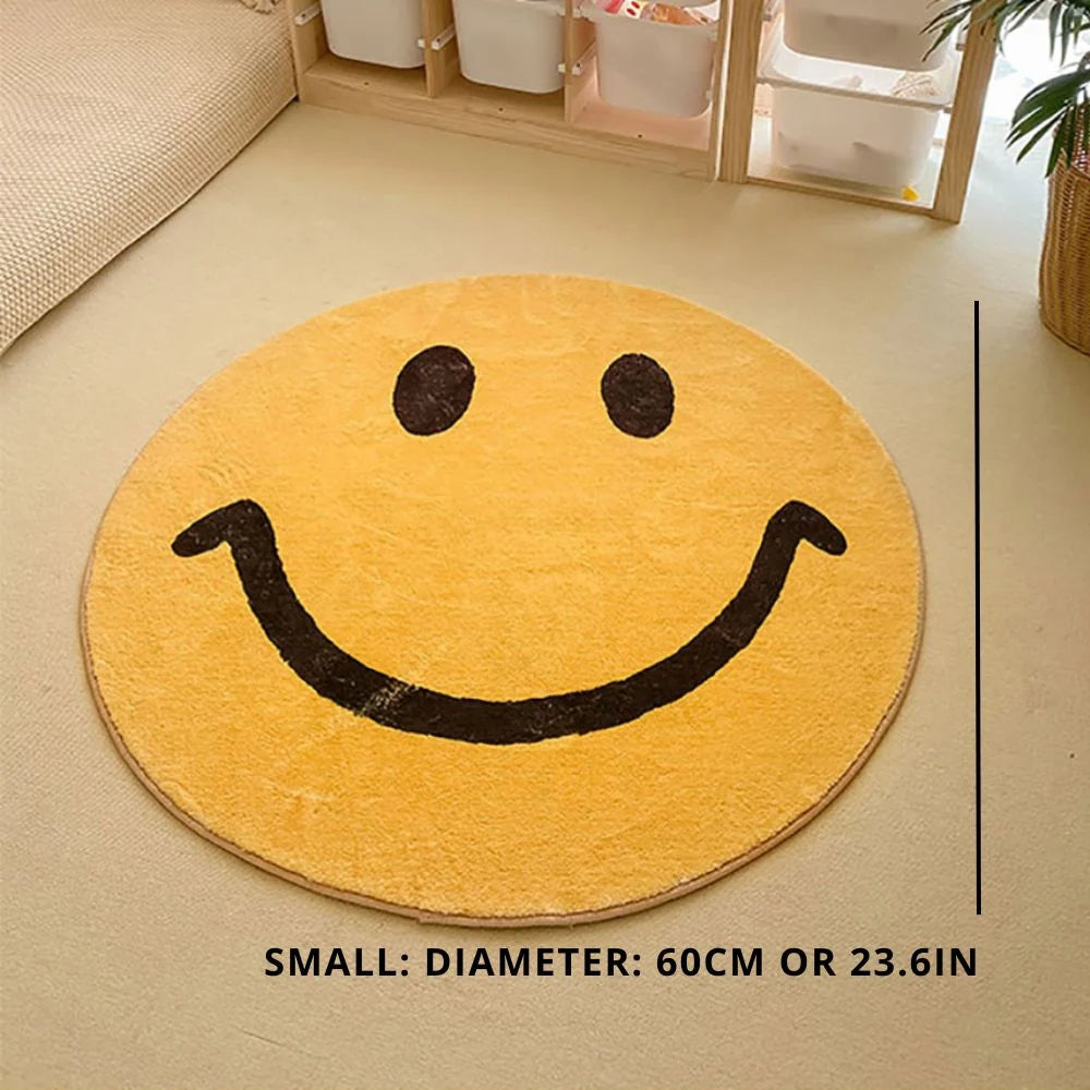 Round Rug Yellow Smiley Fleece Machine Washable