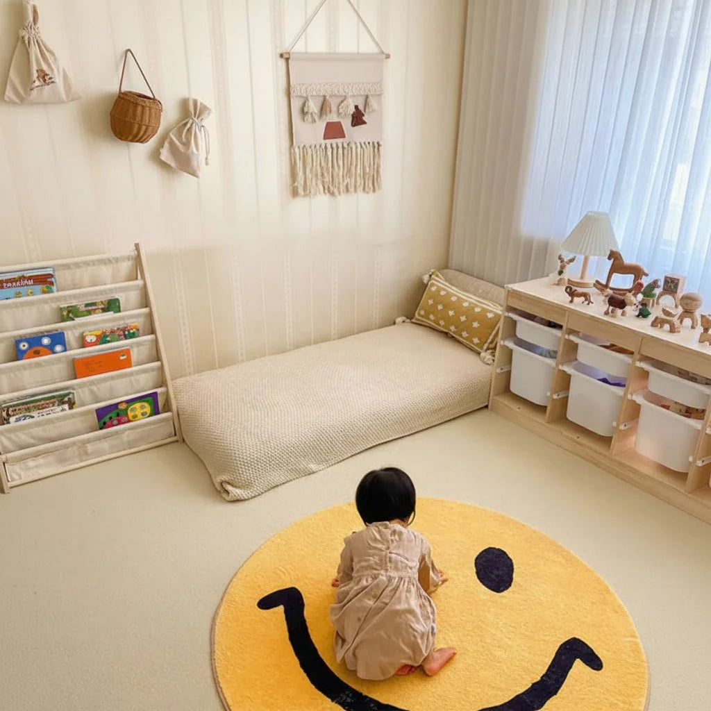 Round Rug Yellow Smiley Fleece Machine Washable