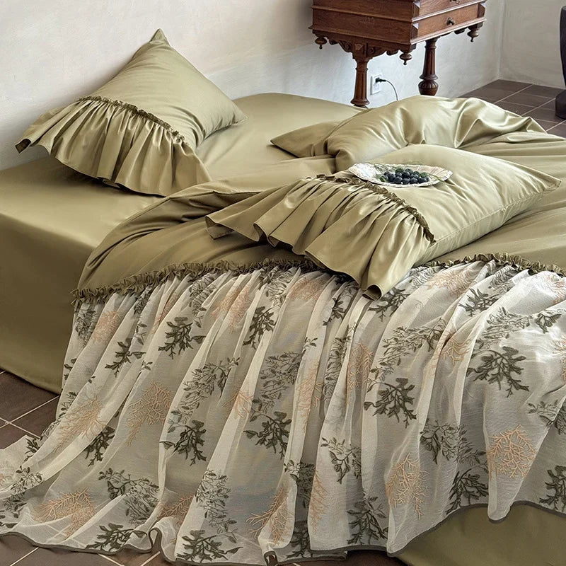 Ruffled Bedding Set Cotton Satin & Embroidered Tulle 4-Piece