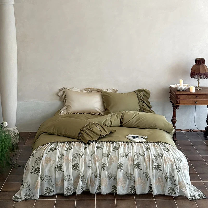 Ruffled Bedding Set Cotton Satin & Embroidered Tulle 4-Piece