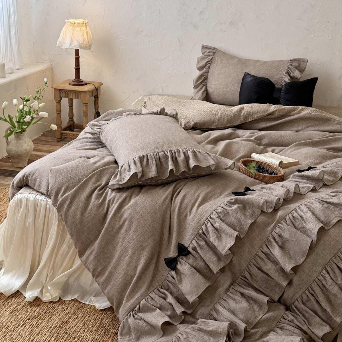 Ruffled Bedding Set Linen-Look Cotton Reversible Zipper Closure