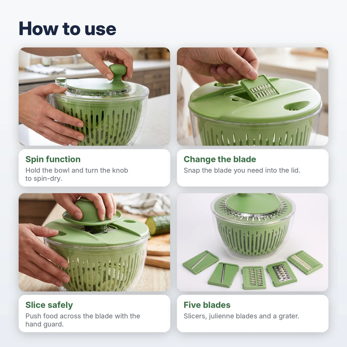 Salad Spinner & Vegetable Slicer 2-in-1 Stainless Steel Blades