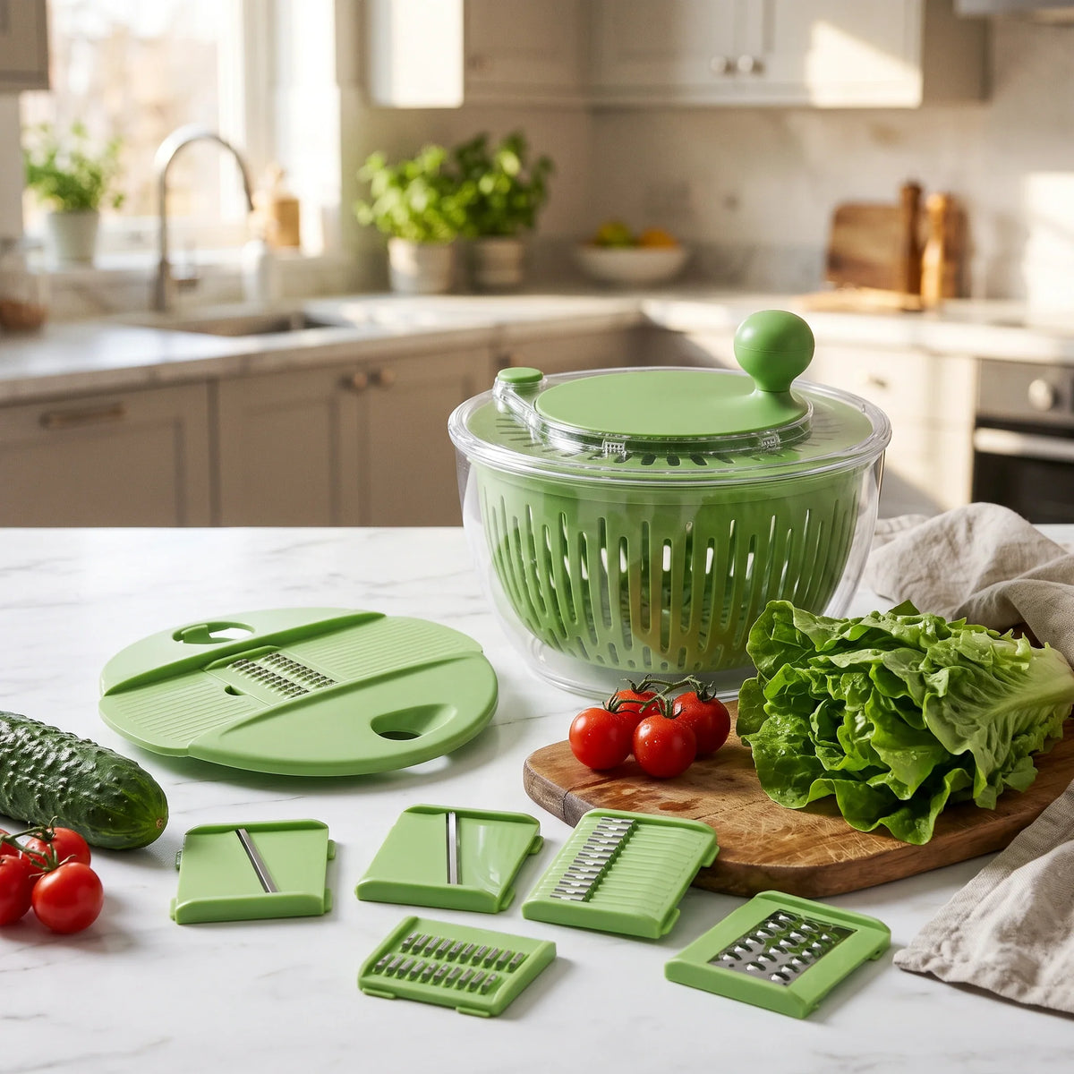 Salad Spinner & Vegetable Slicer 2-in-1 Stainless Steel Blades