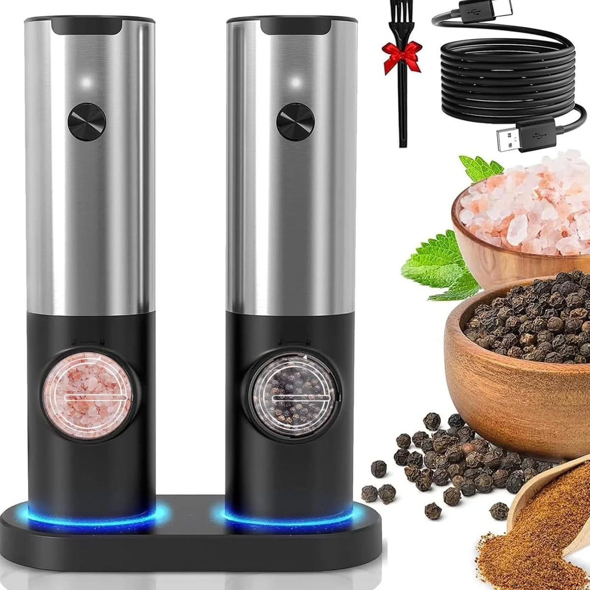 Salt And Pepper Mill Set Rechargeable Adjustable Grind