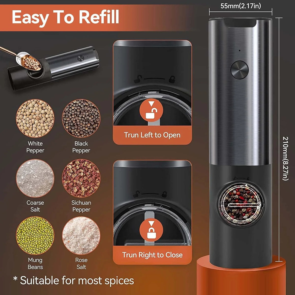 Salt And Pepper Mill Set Rechargeable Adjustable Grind