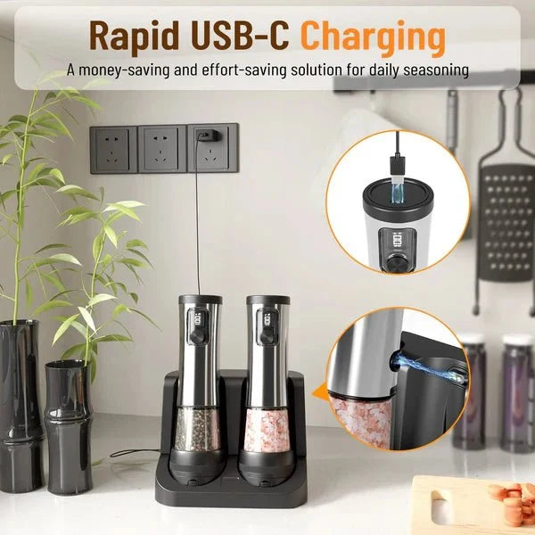 Salt & Pepper Mill Set Electric Rechargeable Fine-To-Coarse Grind