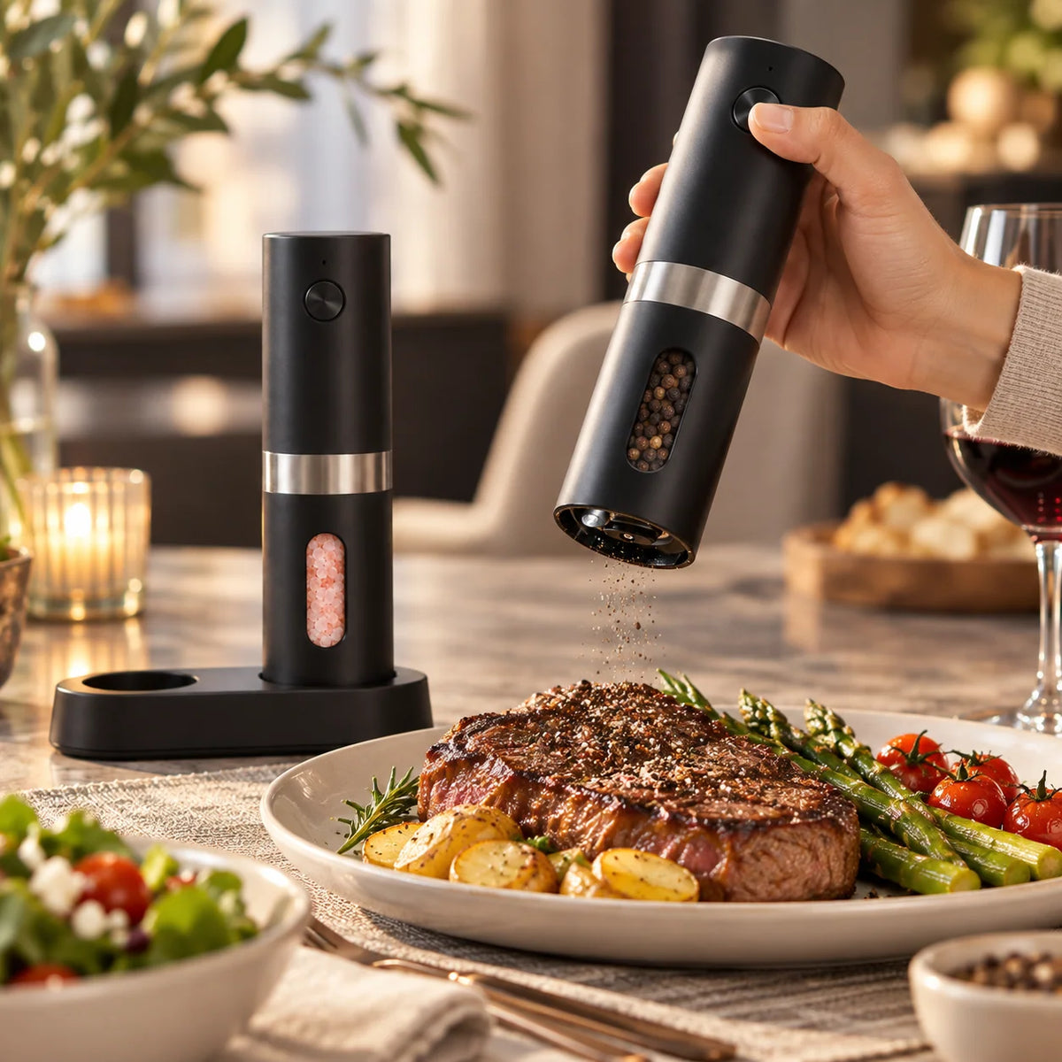 Salt & Pepper Mill Set Rechargeable Adjustable Grind Settings
