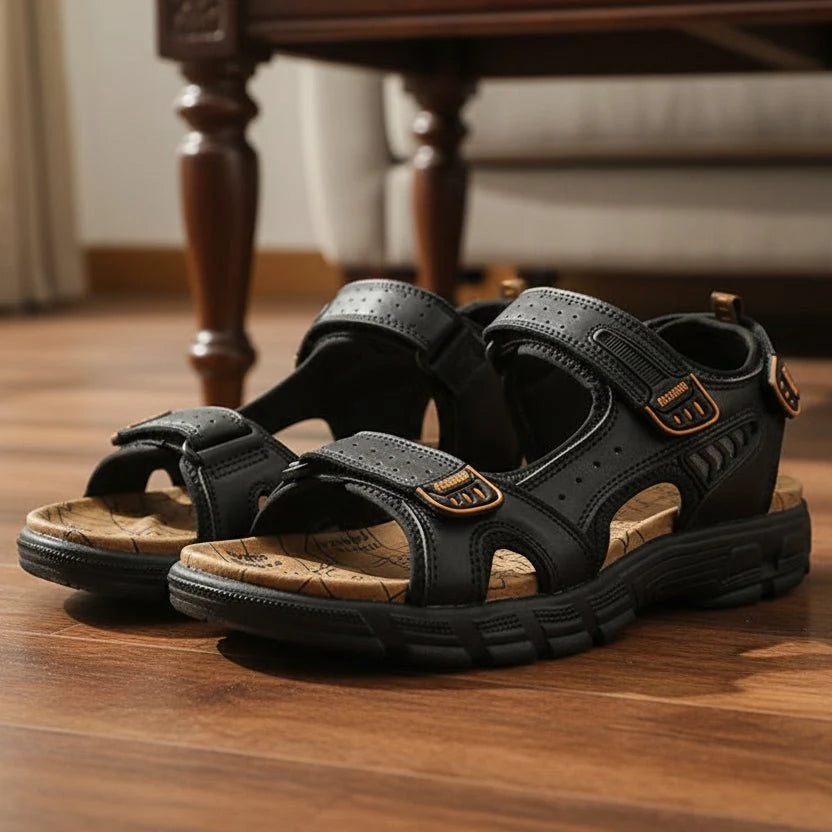 Sandals Leather Cushioned Ergonomic Support Adjustable Hook-and-Loop Closure