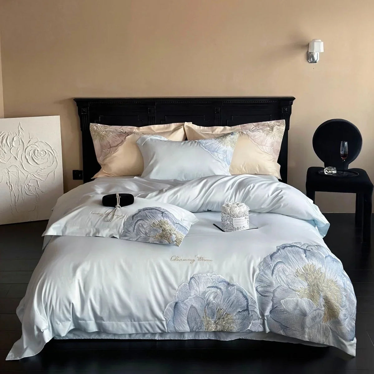 Satin Bedding Set Breathable Floral Relief Embroidery Easy Care