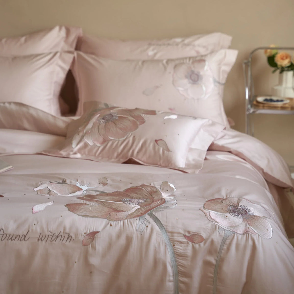 Satin Bedding Set Breathable Floral Relief Embroidery Easy Care
