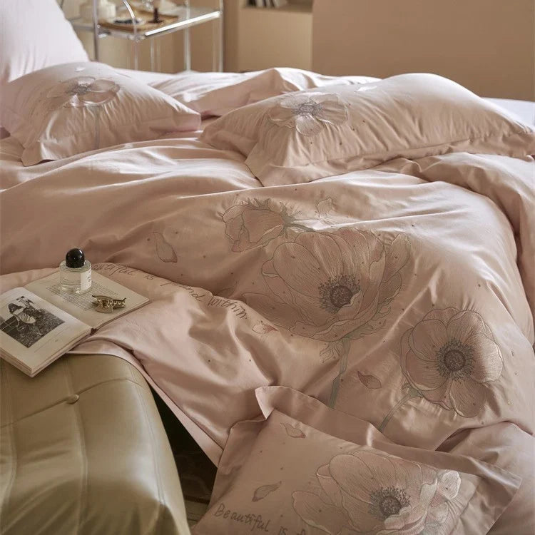 Satin Bedding Set Breathable Floral Relief Embroidery Easy Care