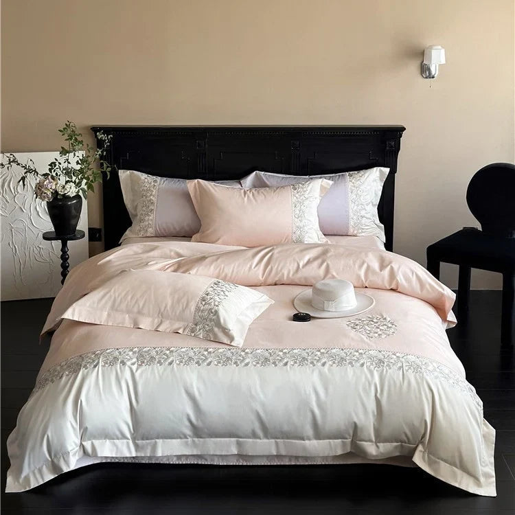 Satin Bedding Set Breathable Floral Relief Embroidery Easy Care