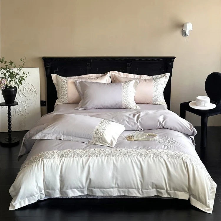 Satin Bedding Set Breathable Floral Relief Embroidery Easy Care