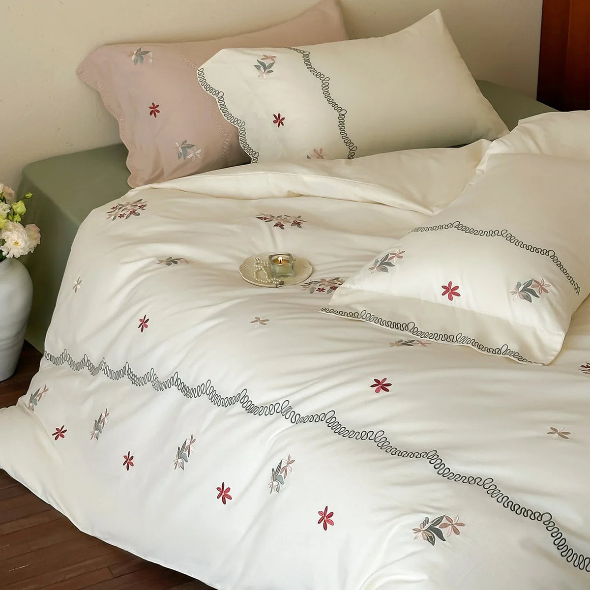 Satin Bedding Set Floral Embroidery Duvet Cover & Pillowcases