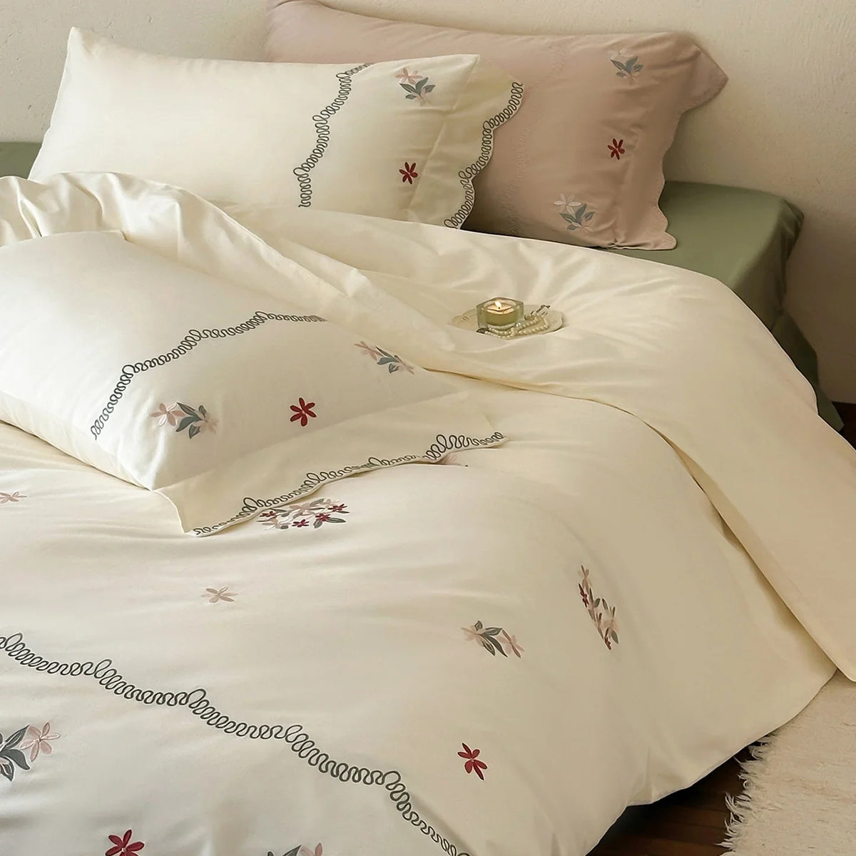 Satin Bedding Set Floral Embroidery Duvet Cover & Pillowcases