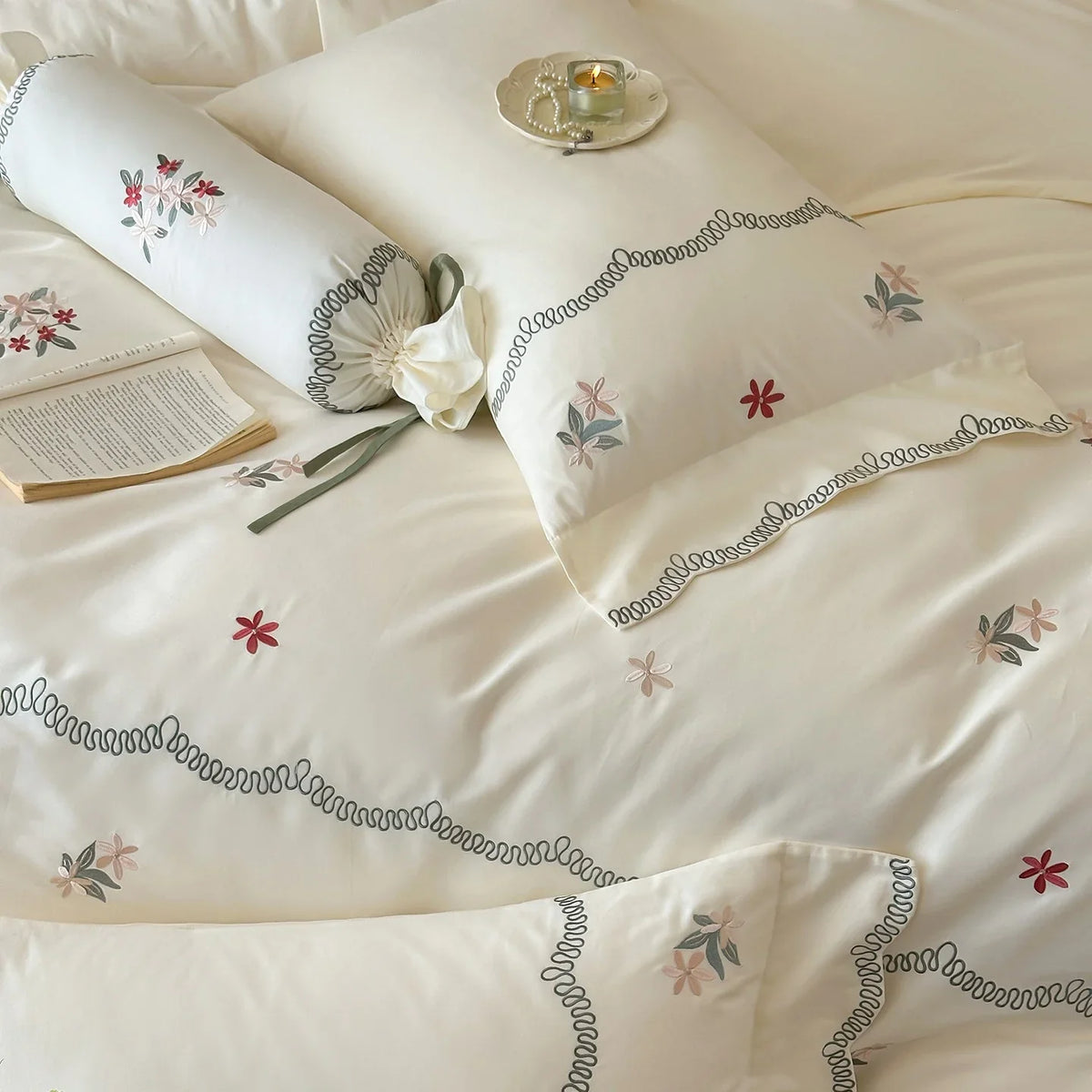 Satin Bedding Set Floral Embroidery Duvet Cover & Pillowcases