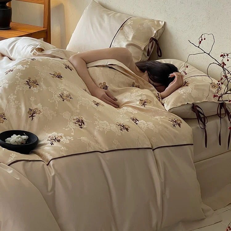 Satin Bedding Set Jacquard Floral Embroidery Ribbon Ties
