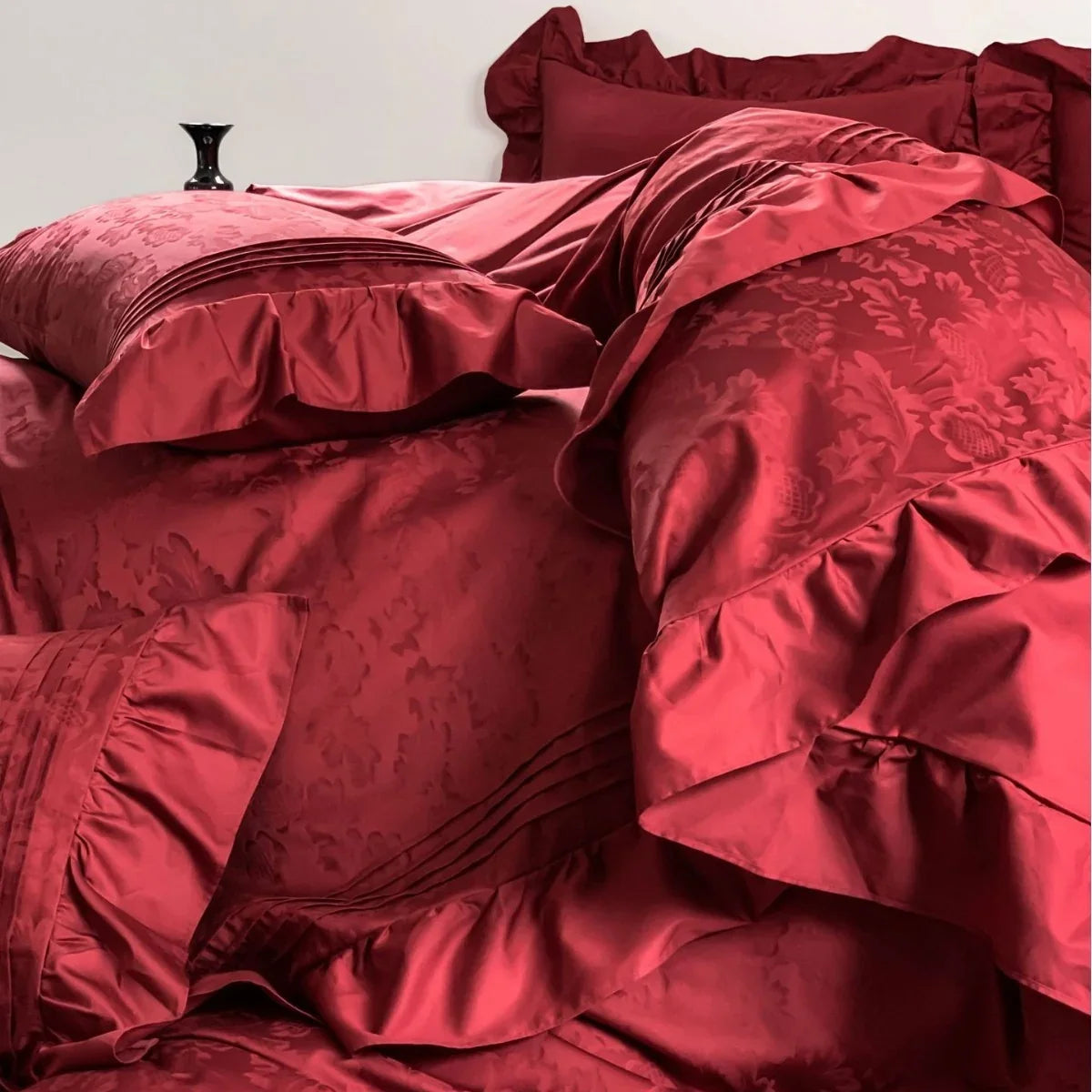Satin Bedding Set Jacquard Texture Ruffle Trim Breathable