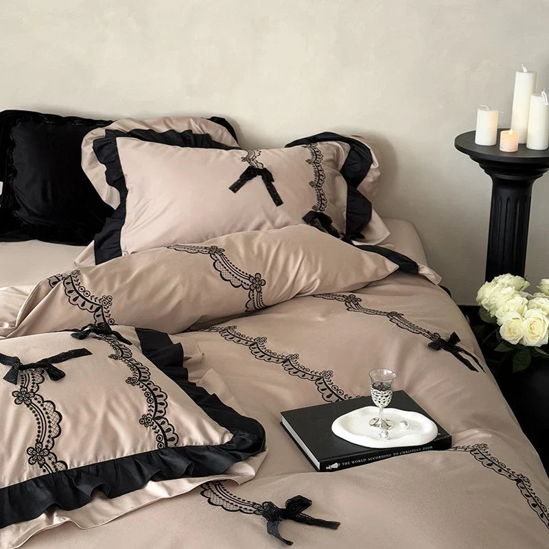 Satin Bedding Set Ruffled Lace Embroidery Temperature Regulating