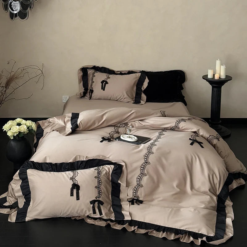 Satin Bedding Set Ruffled Lace Embroidery Temperature Regulating