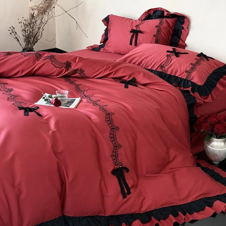 Satin Bedding Set Ruffled Lace Embroidery Temperature Regulating