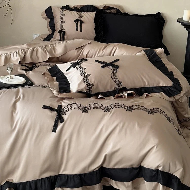 Satin Bedding Set Ruffled Lace Embroidery Temperature Regulating