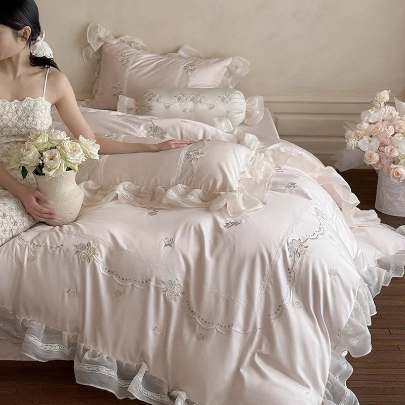 Satin Bedding Set Ruffled Trim & Floral Embroidery 4-Piece