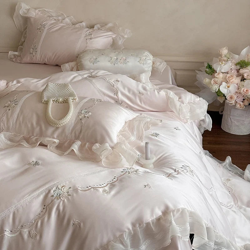 Satin Bedding Set Ruffled Trim & Floral Embroidery 4-Piece