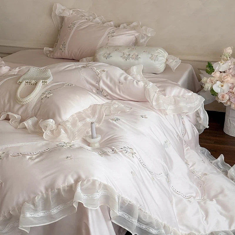 Satin Bedding Set Ruffled Trim & Floral Embroidery 4-Piece