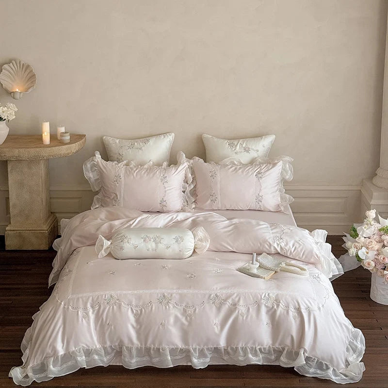 Satin Bedding Set Ruffled Trim & Floral Embroidery 4-Piece