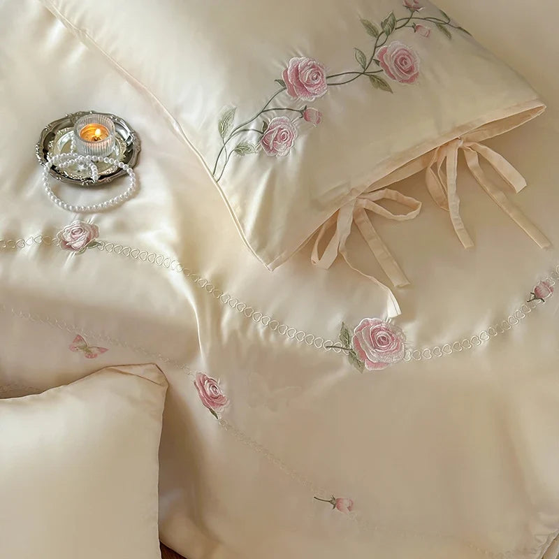 Satin Bedding Set Silk-Soft Satin & Embroidered Rose Vine